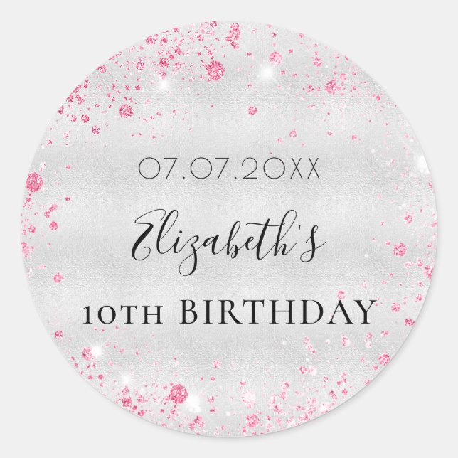 Sticker Rond Anniversaire argent rose parties scintillant pouss (Devant)