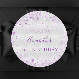 Sticker Rond Anniversaire argent violet parties scintillant nom