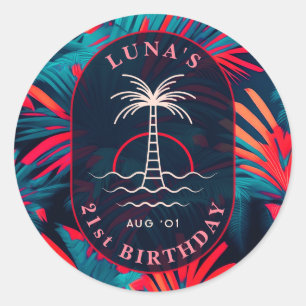Sticker Rond Anniversaire Beach party Palm tree coucher de sole