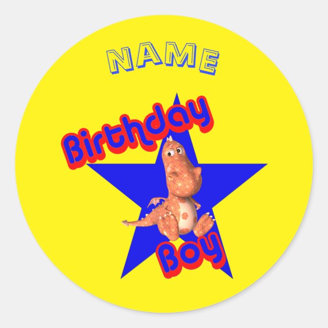 Sticker Rond Anniversaire Boy Cute Dinosaur Personnalisé (Devant)