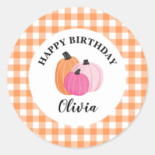 Sticker Rond Anniversaire Citrouilles Orange à Carreaux Rose Ha