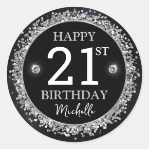 Sticker Rond Anniversaire Confettis Noir et Argent Pailletés