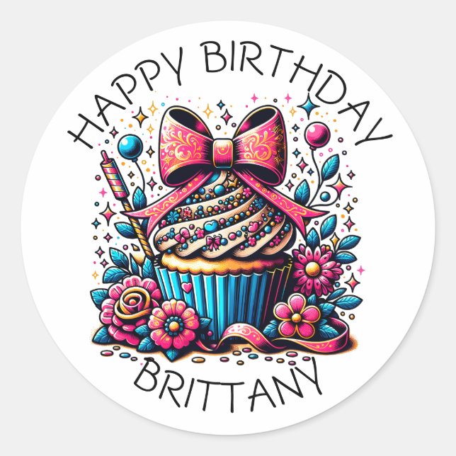 Sticker Rond Anniversaire Cupcake Whimsical Personnalisé (Devant)