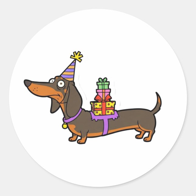 Sticker Rond Anniversaire Dachshund avec cadeaux (Devant)