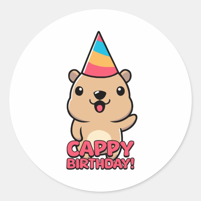 Sticker Rond Anniversaire de Cappy ! Caricature de Pun Capybara (Devant)