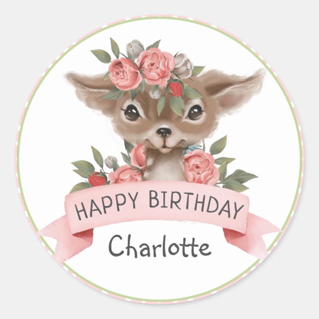 Sticker Rond Anniversaire de cerfs de bois rose Pois pour fille (Devant)