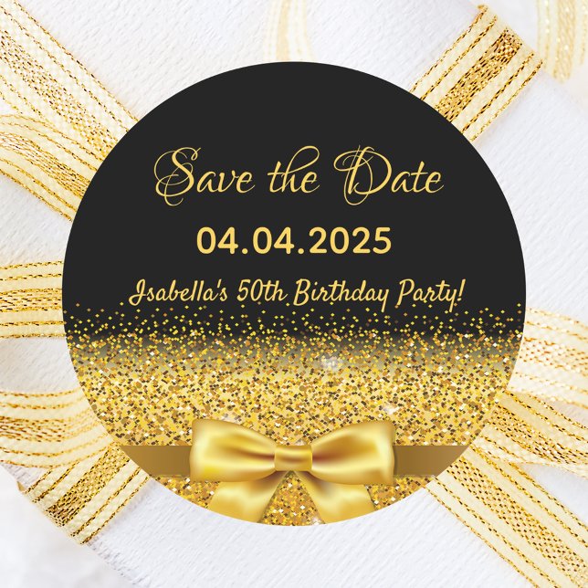 Sticker Rond Anniversaire de fête noir or enregistrer la date (Créateur téléchargé)