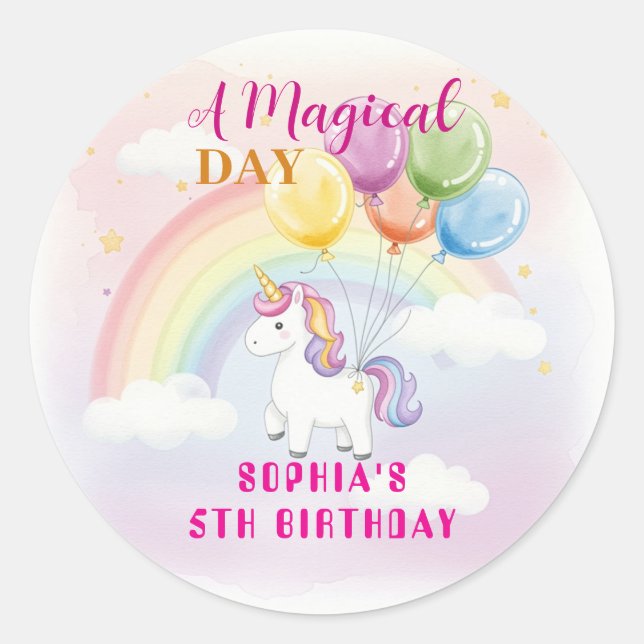Sticker Rond Anniversaire de la licorne magique et arc-en-ciel (Devant)