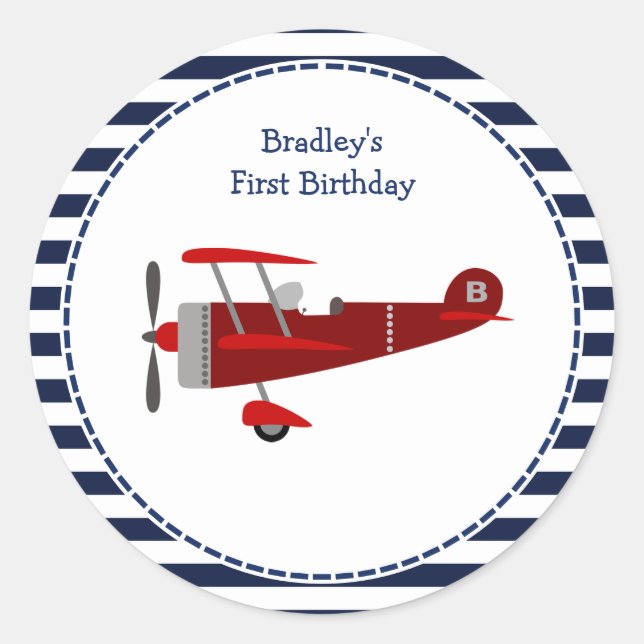 Sticker Rond Anniversaire de l'avion bleu et rouge personnalisé (Devant)