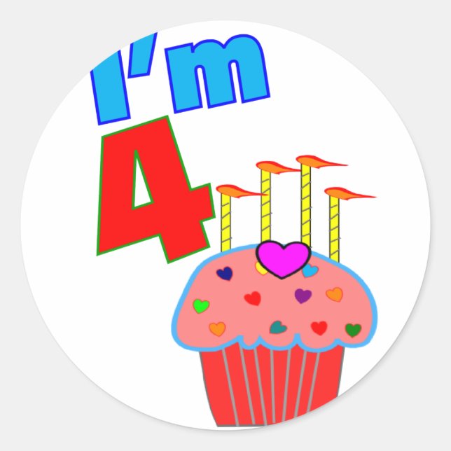 Sticker Rond Anniversaire de l'école "I'm 4" Cupcake adorable (Devant)