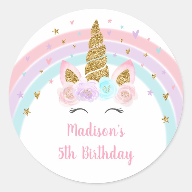 Sticker Rond Anniversaire de l'Unicorn Rainbow Pink Gold (Devant)