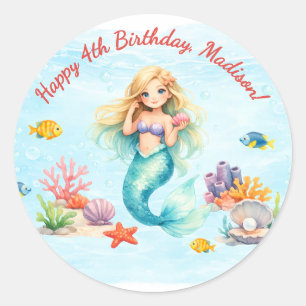 Sticker Rond Anniversaire de Sirène à l'aquarelle