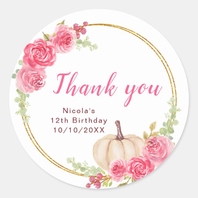 Sticker Rond Anniversaire des Citrouilles de fleurs roses chaud (Devant)