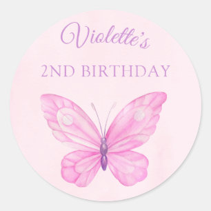 Sticker Rond Anniversaire des enfants de papillon rose et pourp