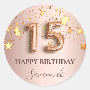 Sticker Rond Anniversaire des étoiles d'or rose de Quinceanera