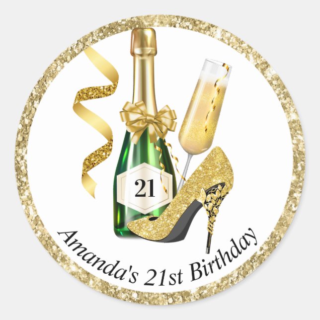 Sticker Rond Anniversaire des femmes en talons d'or et champagn (Devant)