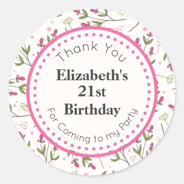 Sticker Rond Anniversaire des Fleurs sauvages roses et verts (Devant)
