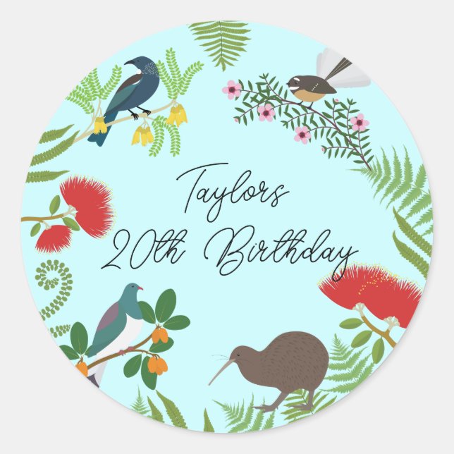 Sticker Rond Anniversaire des oiseaux de Nouvelle-Zélande (Devant)