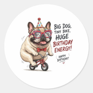Sticker Rond Anniversaire drôle de Bulldog français à vélo