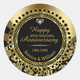 Sticker Rond Anniversaire du 50e Mariage Ornament Noir & Or