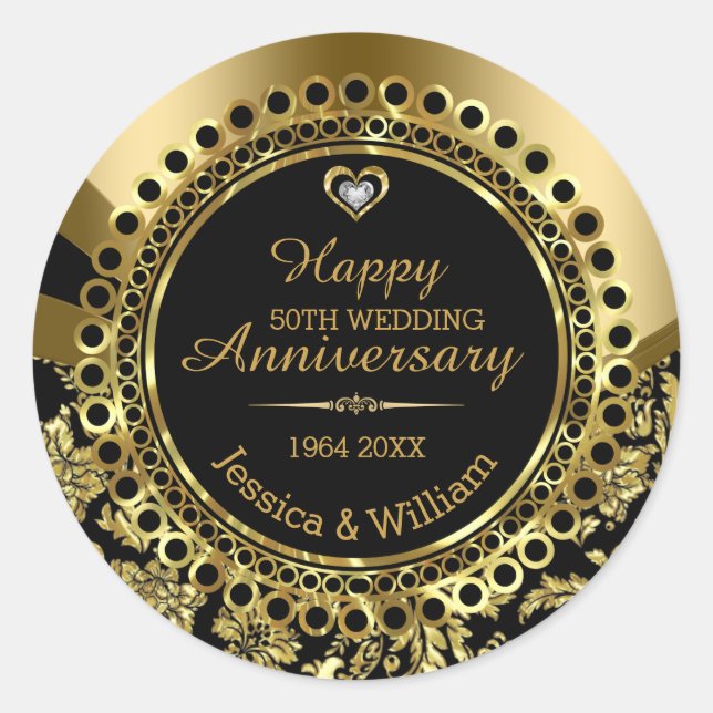 Sticker Rond Anniversaire du 50e Mariage Ornament Noir & Or (Devant)