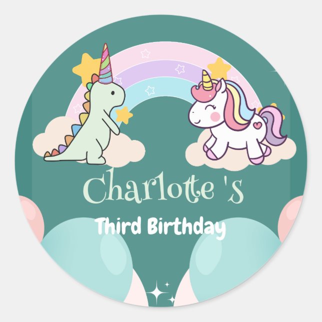 Sticker Rond Anniversaire du ballon arc-en-ciel Cute Dinosaur U (Devant)