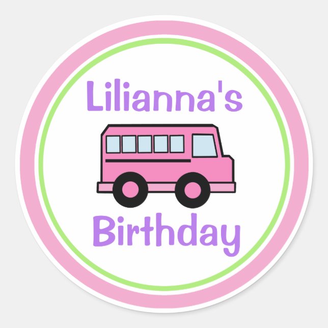 Sticker Rond Anniversaire du bus scolaire rose (Devant)