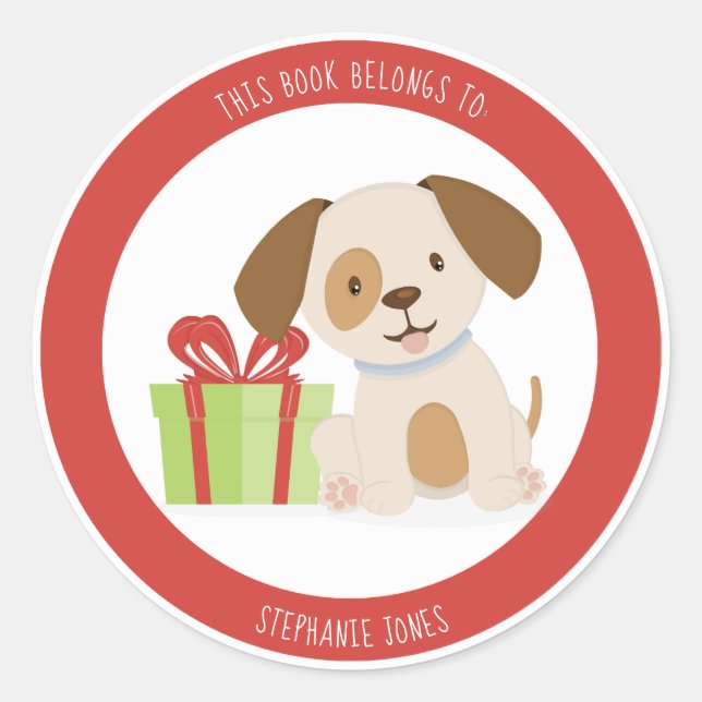 Sticker Rond Anniversaire du chiot mignon Ce livre appartient à (Devant)