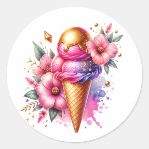 Sticker Rond Anniversaire du cône de crème glacée rose et or