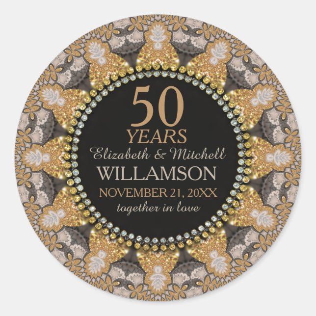 Sticker Rond Anniversaire du Mariage d'or des Coeurs de parties (Devant)