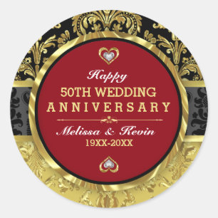 Sticker Rond Anniversaire du Mariage d'or Noir Or & Rouge