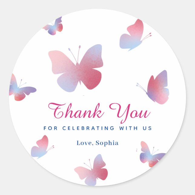 Sticker Rond Anniversaire du papillon rose (Devant)