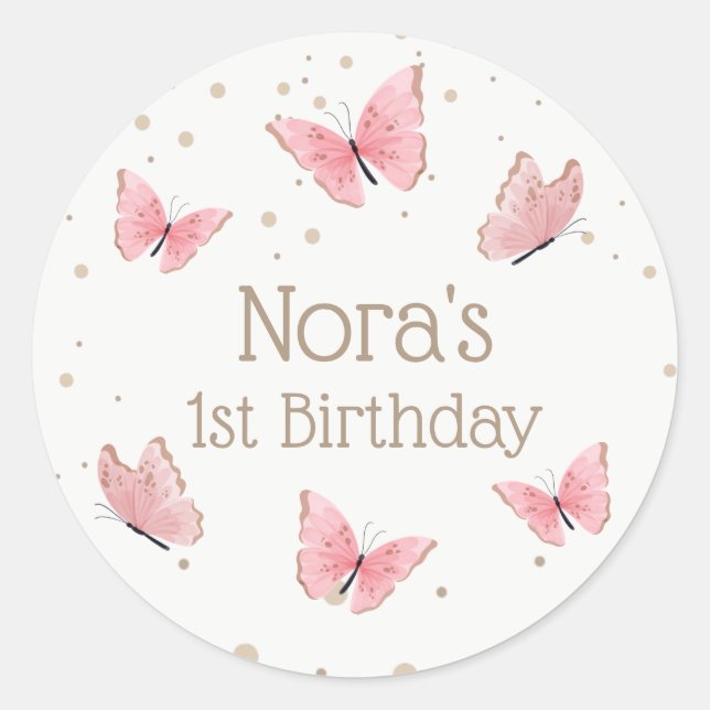 Sticker Rond Anniversaire du papillon rose (Devant)