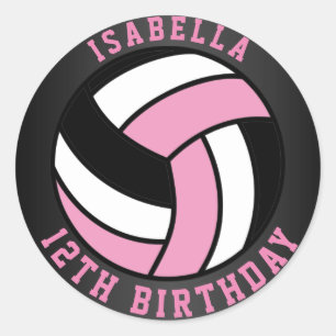 Sticker Rond Anniversaire du volley-ball rose, noir et blanc