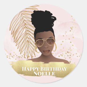 Sticker Rond Anniversaire, Femme noire, Feuille Tropicale Or, R