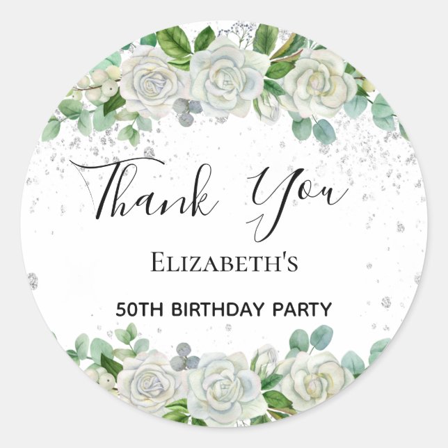 Sticker Rond Anniversaire fête floral argent parties scintillan (Devant)