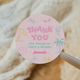 Sticker Rond Anniversaire Fille Fête de Piscine d'Été de Plage