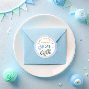 Sticker Rond Anniversaire Fille Garçon Voiture de Course Bleu A