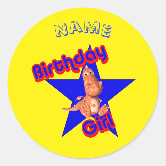 Sticker Rond Anniversaire fille mignonne Dinosaur Personnalisé (Devant)