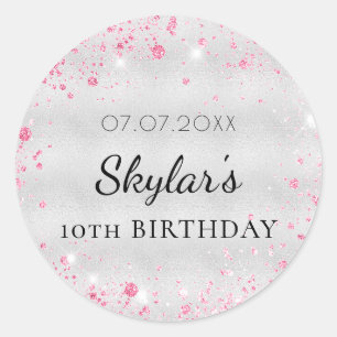 Sticker Rond Anniversaire fille parties scintillant rose argent