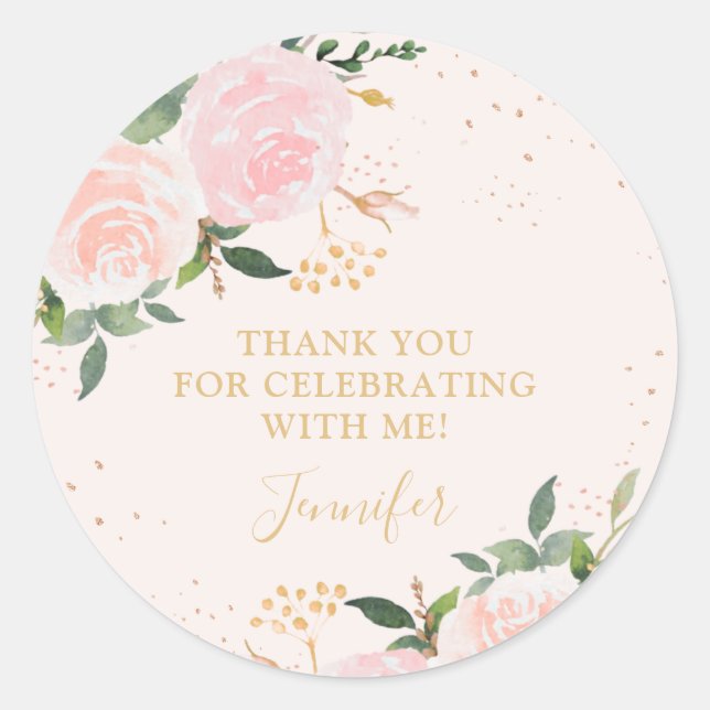 Sticker Rond Anniversaire Floral Rose Or (Devant)