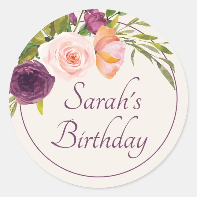 Sticker Rond Anniversaire floral rose violet élégant (Devant)