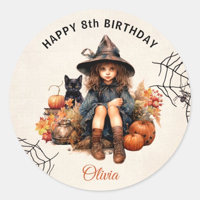 Sticker rond Anniversaire Halloween Little Witch (Devant)