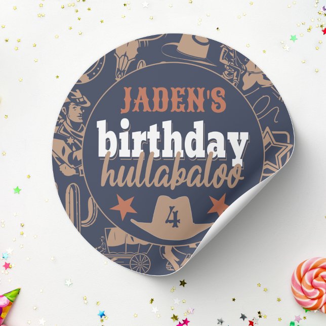 Sticker Rond "Anniversaire Hullabaloo" Western Cowboy Party (cowboy Wild West birthday hullabaloo kids birthday party blue orange tan custom name and age)