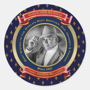Sticker Rond Anniversaire Jalon Or Photo 50ème Cinquante Bleu R