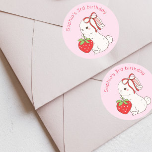 Sticker Rond Anniversaire Lapin Fraise Rose