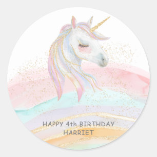 Sticker Rond Anniversaire Licorne Arc-en-Ciel Aquarelle Magique