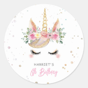 Sticker Rond Anniversaire Licorne Visage Aquarelle Magique
