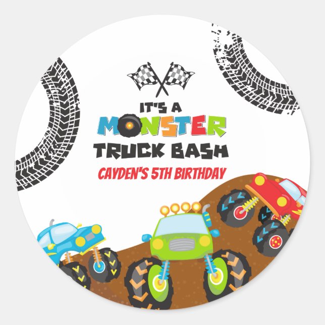 Sticker Rond Anniversaire Monster Trucks (Devant)