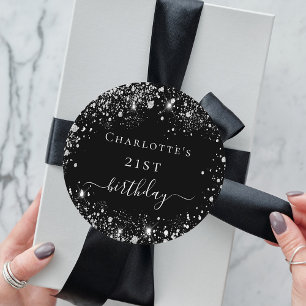 Sticker Rond Anniversaire noir argent nom de la parties scintil